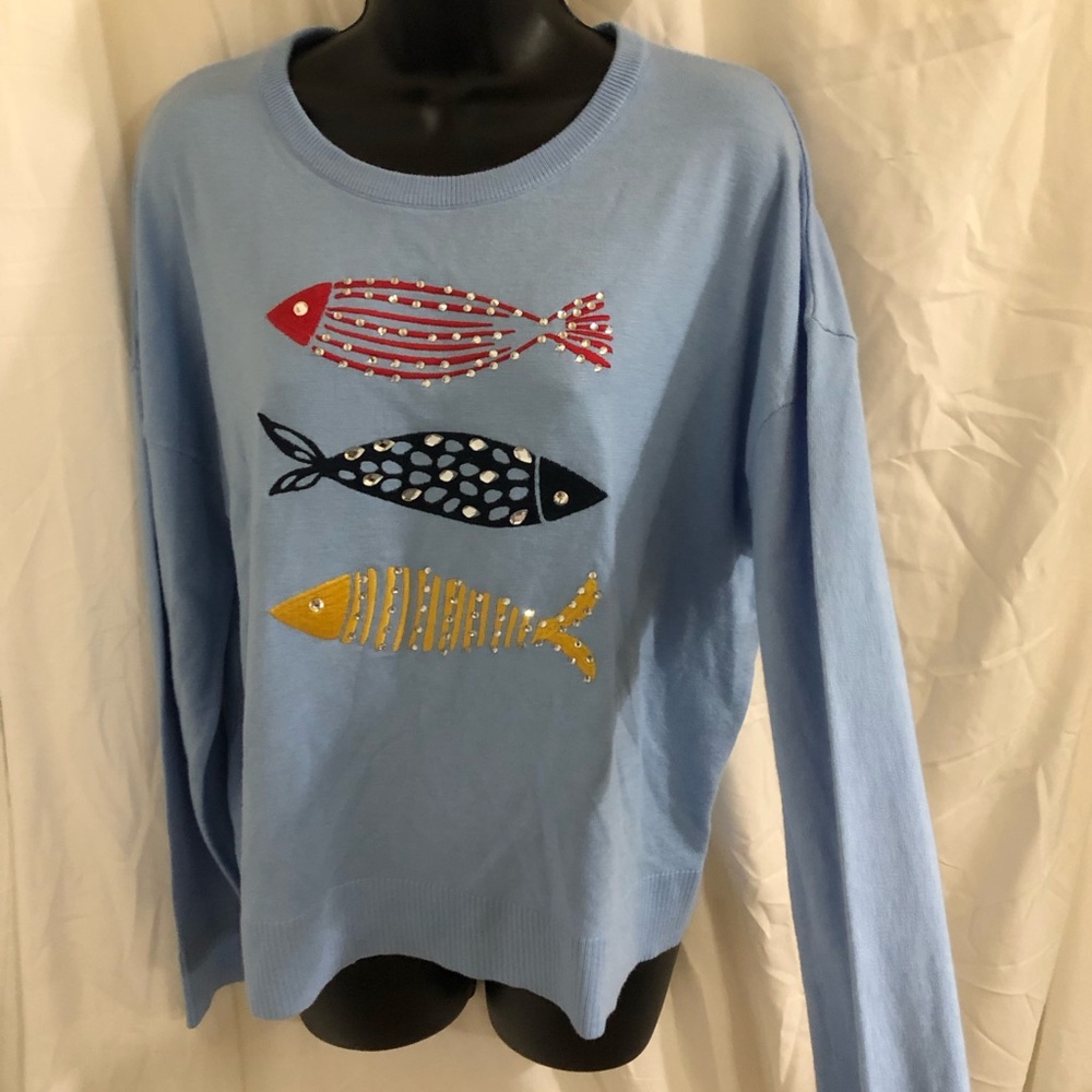 Blue embellished sweater with crystal studded red black yellow fish size large